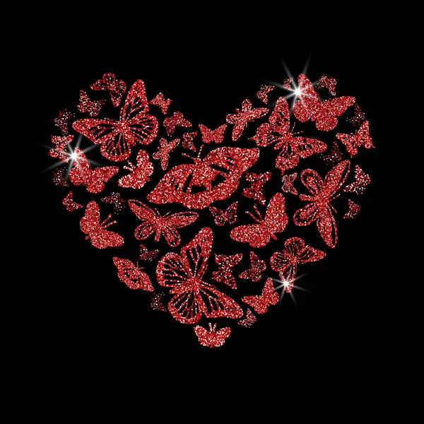 Vuela brillantes mariposas rojas y corazones. Hermosas siluetas rojas sobre fondo negro. Para el día de San Valentín, invitaciones de boda, tarjetas, marca, etiqueta, banner, diseño de concepto. Ilustración vectorial . — Vector de stock