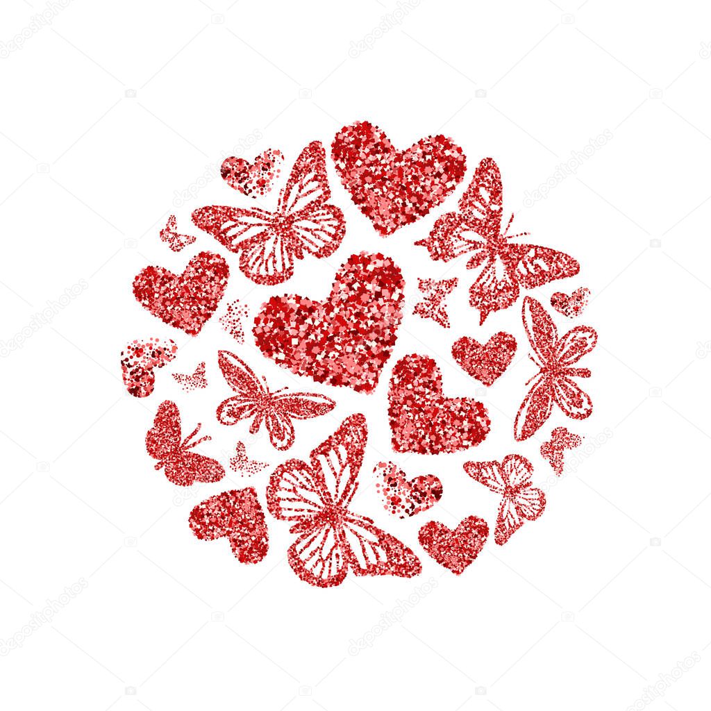 Round of red glitter hearts and butterflies. Beautiful red silhouettes on white background. For Valentines day, wedding invitations, cards, branding, label, concept design. Vector illustration.