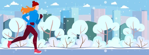 Carrera de invierno. La chica corre en un día de invierno en el parque de la ciudad, árboles. arbustos en la nieve. En el fondo de la casa con Windows. Banner, póster, tarjeta, estilo de vida saludable. Ilustración vectorial . — Vector de stock