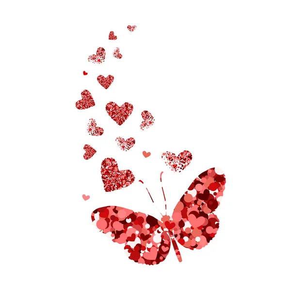 Glittering red butterfly with hearts. Beautiful red silhouettes on white background. For Valentines day, wedding invitations, cards, branding, label, banner, concept design. Vector illustration. — Stock Vector