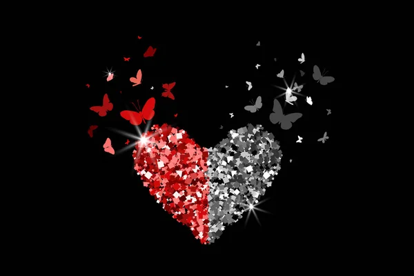 Icona glitter cuore rosso e argento con farfalle coriandoli bagliore glitter su sfondo nero. Per San Valentino, inviti di nozze, biglietti, branding, logo, etichetta, concept design. Illustrazione vettoriale — Vettoriale Stock