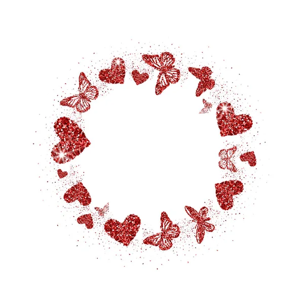 Cornice festiva rotonda di cuore rosso scintillio e farfalle. Carino silhouette su sfondo bianco. Per San Valentino, inviti di nozze, biglietti, branding, etichetta, concept design. Illustrazione vettoriale . — Vettoriale Stock