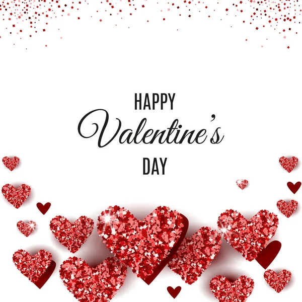 Happy Valentine Day festive sparkle layout. Glitter red hearts on white background. Lettering Valentines day card. For invitations, cards, banner concept design. Be my valentine. Vector Illustration. — 스톡 벡터