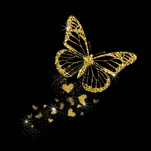 Gold glittering butterfly with hearts. Beautiful golden silhouettes on black background. For Valentines day, wedding invitations, cards, branding, label, banner, concept design. Vector illustration. — Stock Vector