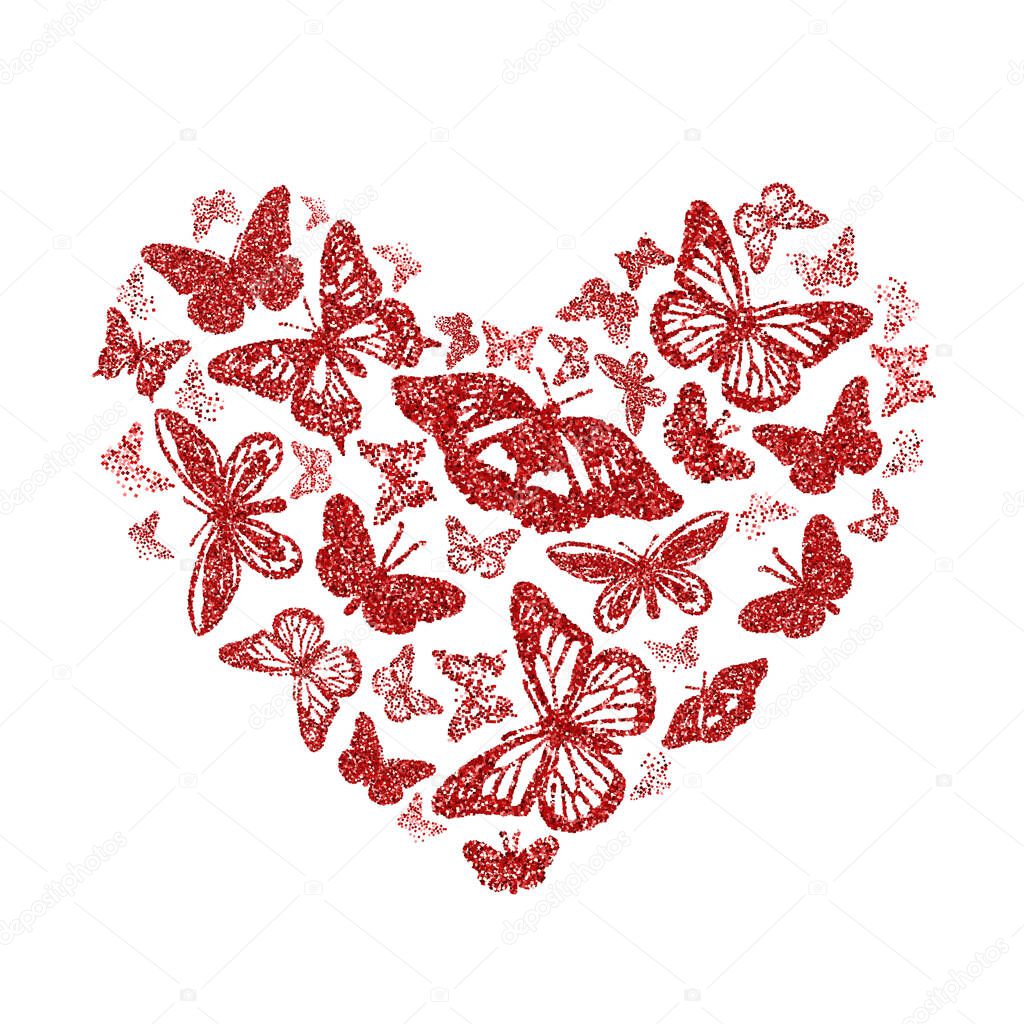 Red glitter hearts and butterflies in heart shape. Beautiful red silhouettes on white background. For Valentines day, wedding invitations, cards, branding, label, concept design. Vector illustration.