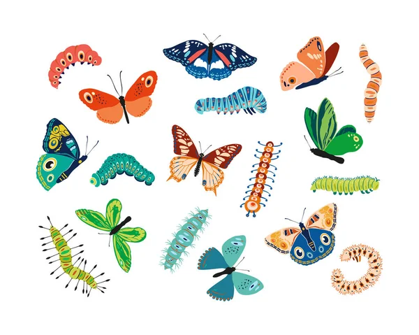Set spring and summer colorful butterflies and caterpillars. Different cute silhouettes on white background. For festive card, logo, children, pattern, tattoo, decorative, concept. Vector illustration — 스톡 벡터