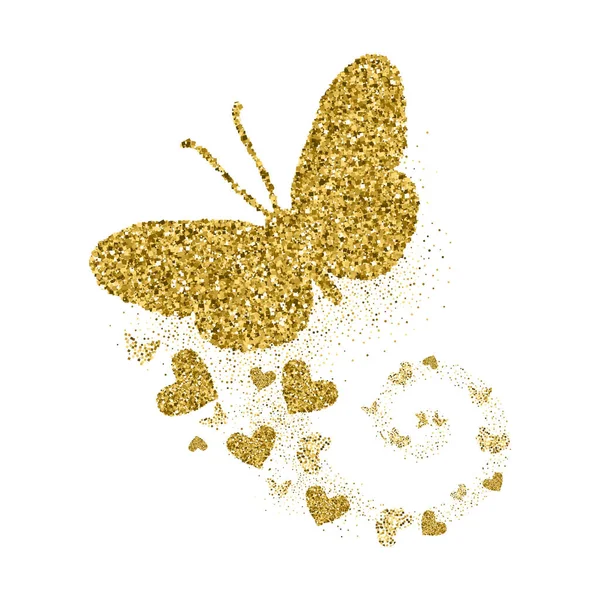 Gold glittering butterfly with hearts. Beautiful golden silhouettes on white background. For Valentines day, wedding invitations, cards, branding, label, banner, concept design. Vector illustration. — 스톡 벡터