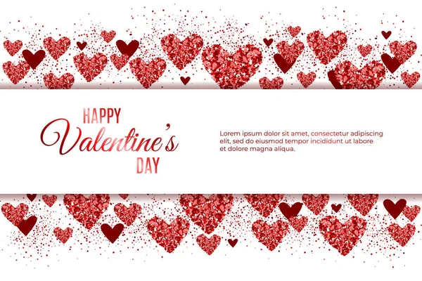 Happy Valentine Day festive sparkle layout. Glitter red hearts on white background. Lettering Valentine's day card. For invitations, social network, banner. Be my valentine. Vector Illustration. — 스톡 벡터