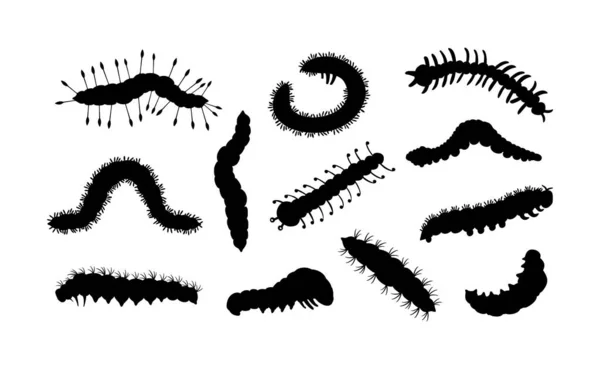 Set spring and summer caterpillar icons. Black caterpillars with different silhouette on white background. For festive card, logo, children, pattern, tattoo, decorative, concept. Vector illustration — Stock Vector