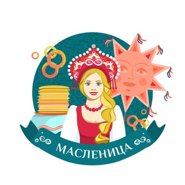Geleneksel halk elbisesi içinde uzun örgülü tatlı Rus kızı. Rusça çevirisi Shrovetide veya Maslenitsa. Rus tatil karnavalı. Kutlama krepleri, çörekler, güneşin görüntüsü. Vektör illüstrasyonu