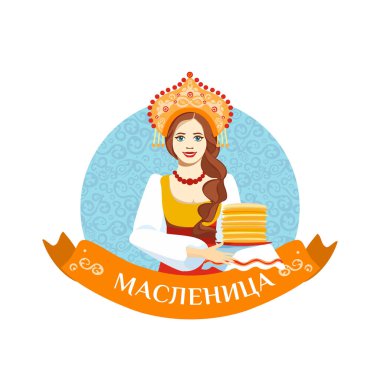 Geleneksel halk elbisesi içinde uzun örgülü tatlı Rus kızı. Rusça çevirisi Shrovetide veya Maslenitsa. Rus tatil karnavalı. Kutlama krepleri, çörekler, güneşin görüntüsü. Vektör illüstrasyonu