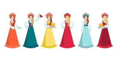 Geleneksel halk kıyafetleri içinde uzun örülü, Rus Shrovetide ya da Maslenitsa için şenlikli krepleri olan bir grup tatlı Rus kız. Rus tatil karnavalı. Vektör illüstrasyonu