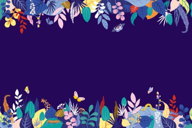 Koyu mavi arka planda renkli çiçek kompozisyonu. Parlak yaz renklerinde, yatay çizgili, pürüzsüz desen. Yapraklar, renkli çiçekler, tırtıl, kelebekler. Pankart için. Vektör illüstrasyonu.