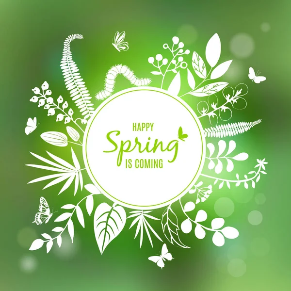 Krásná květinová karta, kolo s textem Happy Spring se blíží. Bílé siluety listí, květin, housenek, motýlů. Pozadí pro svatební oznámení, narozeniny, svátky. Vektorová ilustrace — Stockový vektor