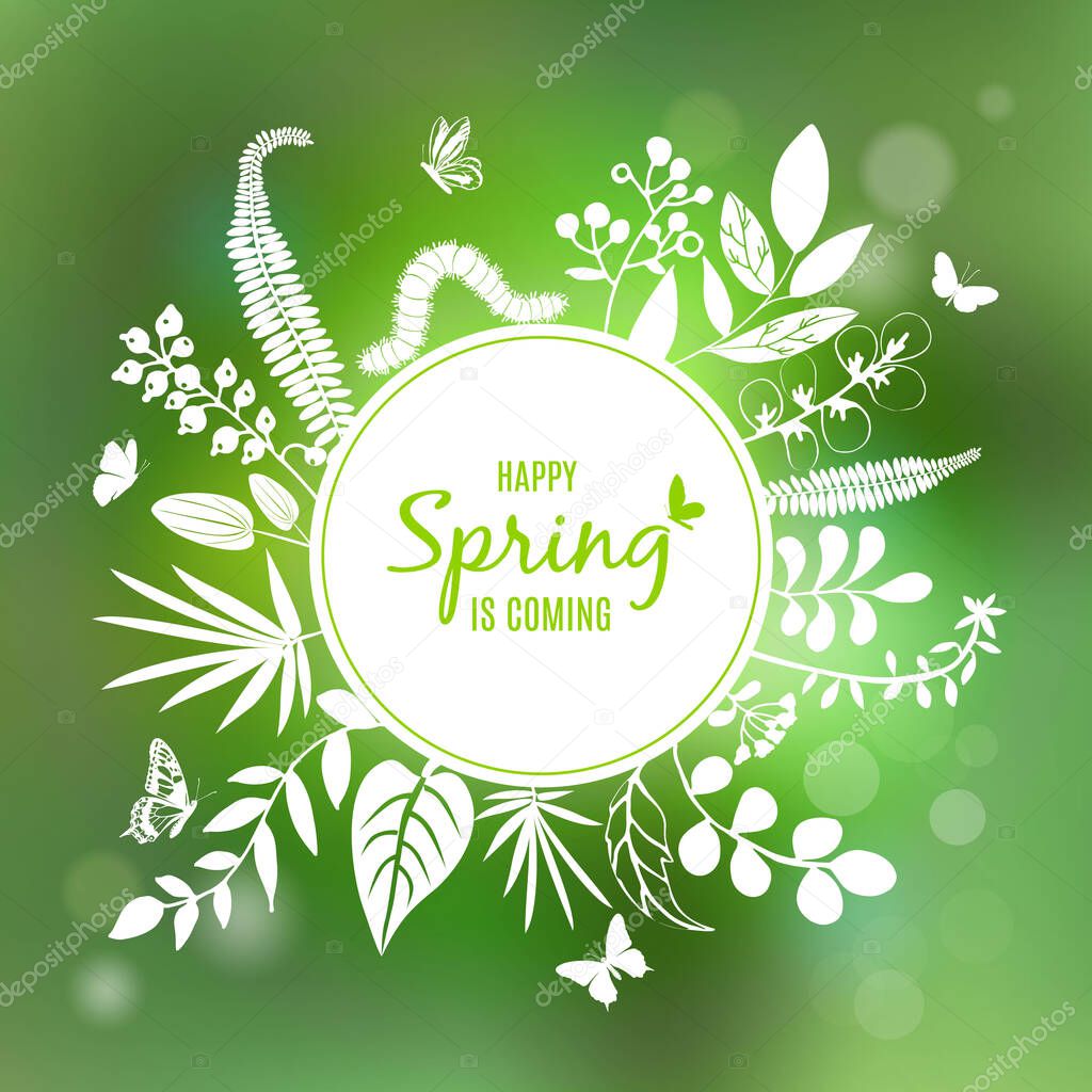 Beautiful floral card, round with text Happy Spring is coming. White silhouettes of leaves, flowers, caterpillar, butterflies. Background for wedding invitation, birthday, holiday. Vector illustration