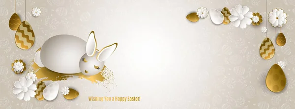 Happy Easter banner. White rabbit with gold brush stroke, glittering, hanging gold eggs, flowers, pattern. For cover social network, invitation, poster, banner. Paper art style. Vector illustration. — Stock Vector