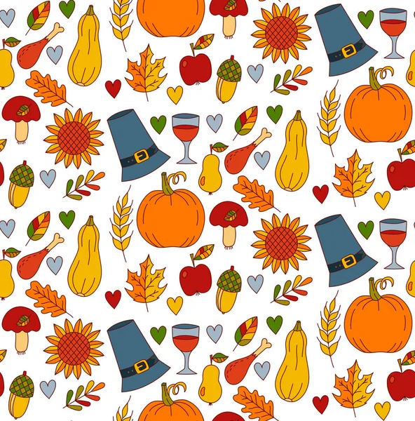 Jour de Thanksgiving mignon doodles colorés motif vectoriel sans couture — Image vectorielle