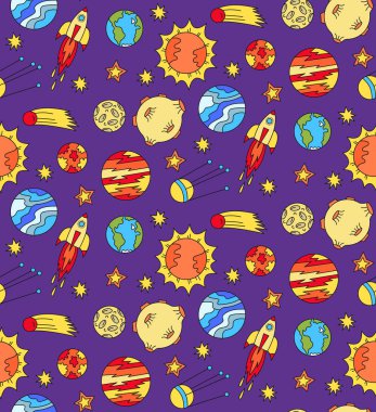 Cosmos outer space colorful doodles seamless pattern clipart