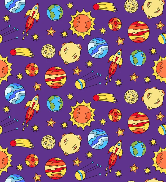 Cosmos outer space colorful doodles seamless pattern — Stock Vector