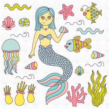 Denizkızı balık deniz okyanus vektör set doodles