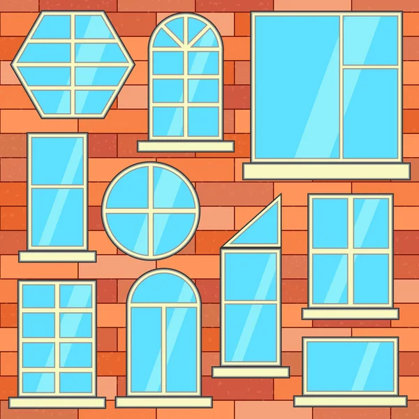 Conjunto de ventanas en la pared de ladrillo — Vector de stock