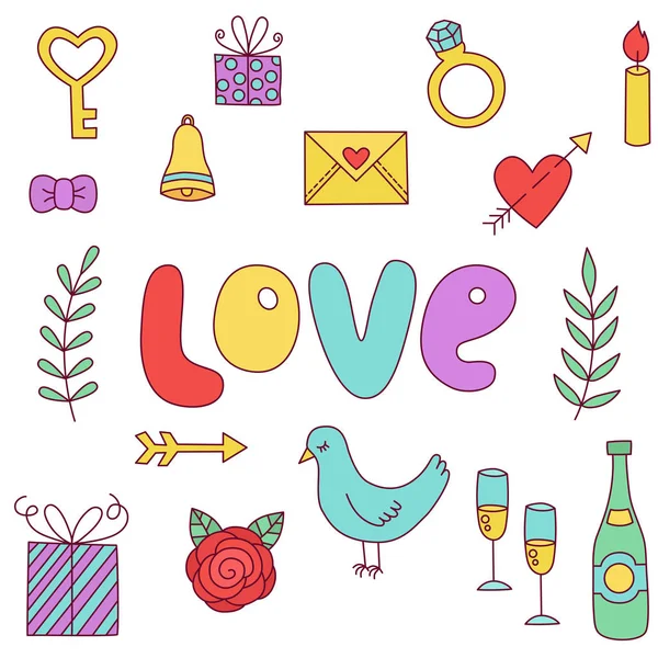 Romantikus színes aranyos szerelem esküvői doodles vektor készlet — Stock Vector