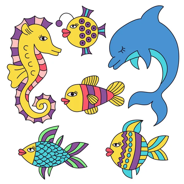 Vissen en dolfijn doodles set — Stockvector
