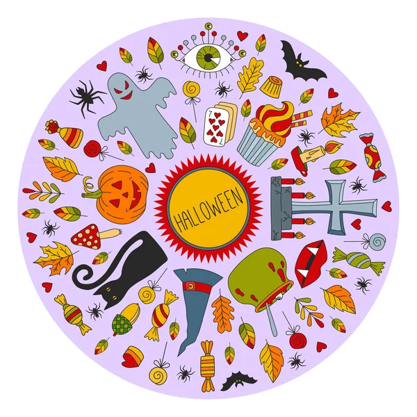Halloween garabato iconos colorido marco vectorial redondo decorativo — Vector de stock