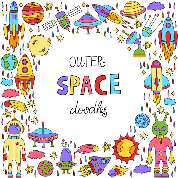 Outer space doodle icons set round frame — Stock Vector