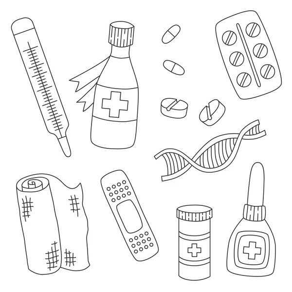 Medicin droger piller dna doodle ikoner vektor set — Stock vektor