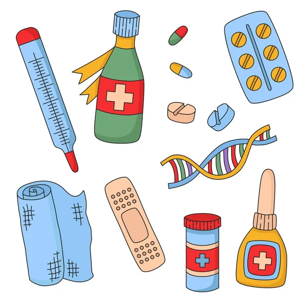 Doodle medicina iconos vector colorido conjunto — Archivo Imágenes Vectoriales