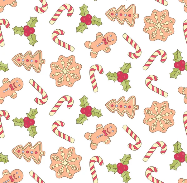 Biscuits de Noël bonbons doodle icônes motif vectoriel sans couture — Image vectorielle