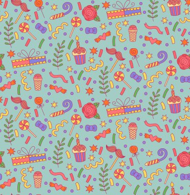 Parti doğum günü doodle simgeler sorunsuz vektör desen