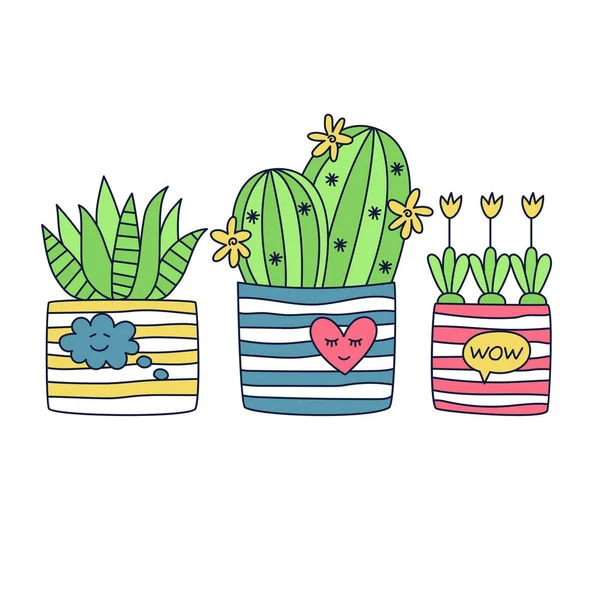 Doodle cactus en conjunto de vectores de maceta — Archivo Imágenes Vectoriales