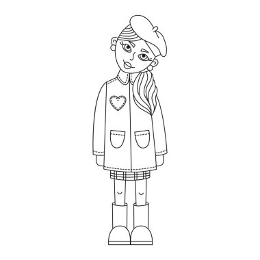 Palto ve şapka vektör çizim kız