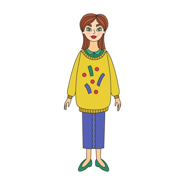 Ragazza in maglione e gonna doodle carino personaggio dei cartoni animati — Vettoriale Stock