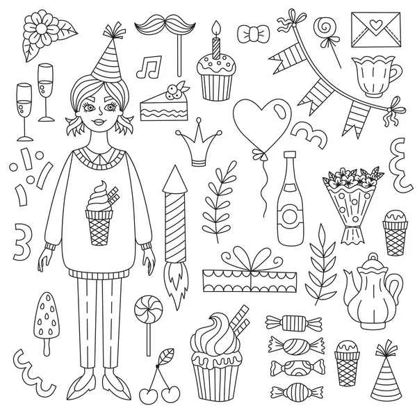 Anniversaire doodle icônes et anniversaire fille ensemble — Image vectorielle