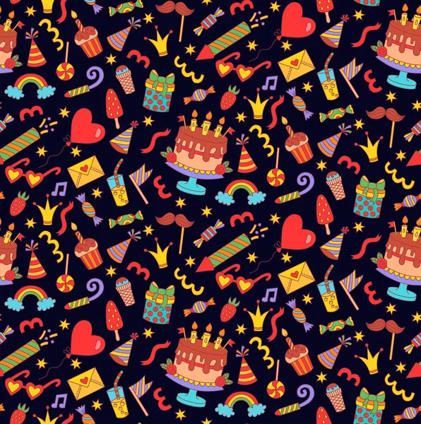 Aniversário doodle ícones padrão vetor sem costura — Vetor de Stock