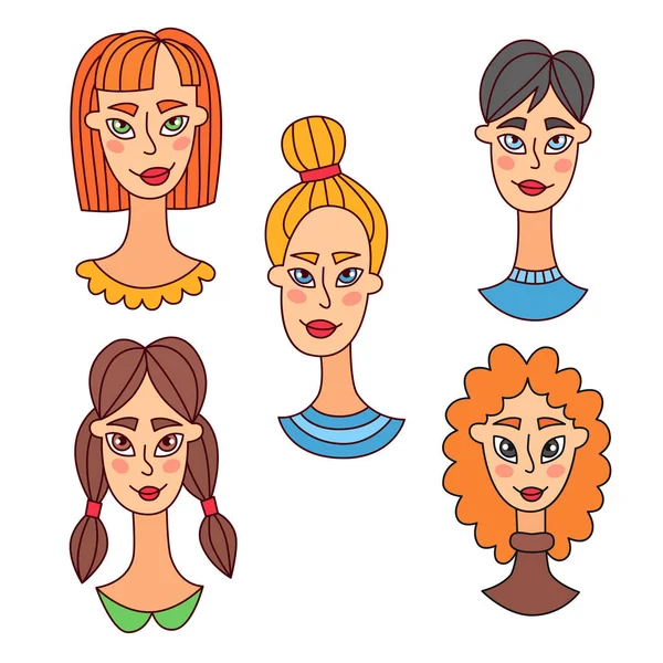 Kvinnor kvinnliga doodle porträtt vektor set — Stock vektor