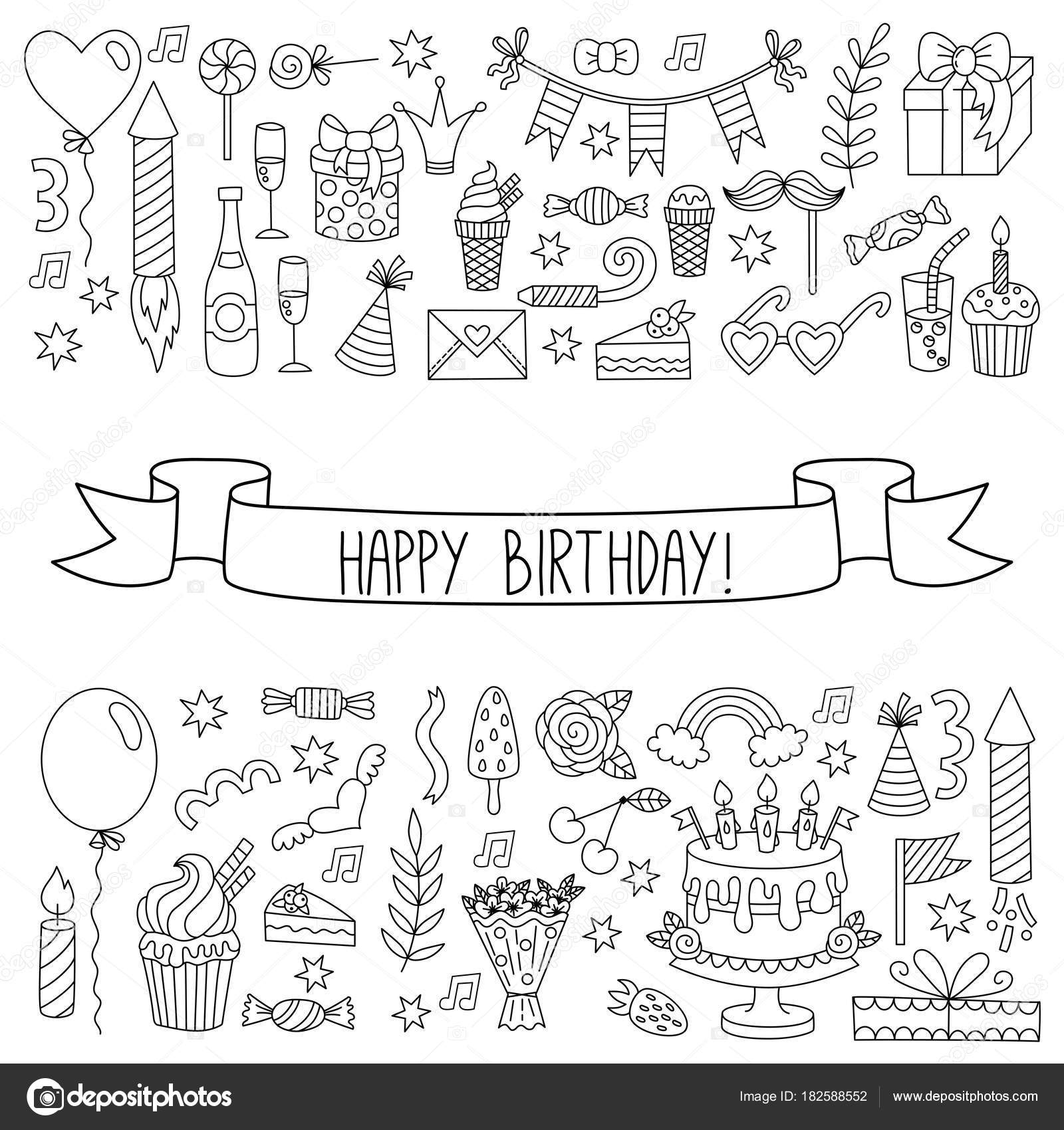 Monochrome Birthday Party Outline Doodles Collection Stock Vector Image By C Olizabet