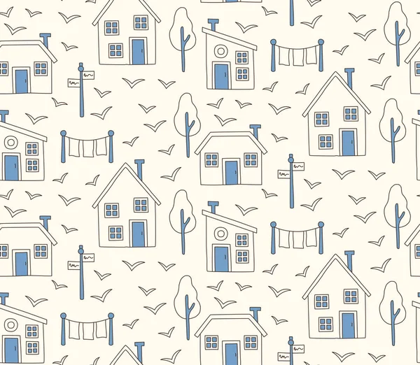 Patrón Sin Costuras Con Casas Dibujadas Mano Árboles Aves — Vector de stock