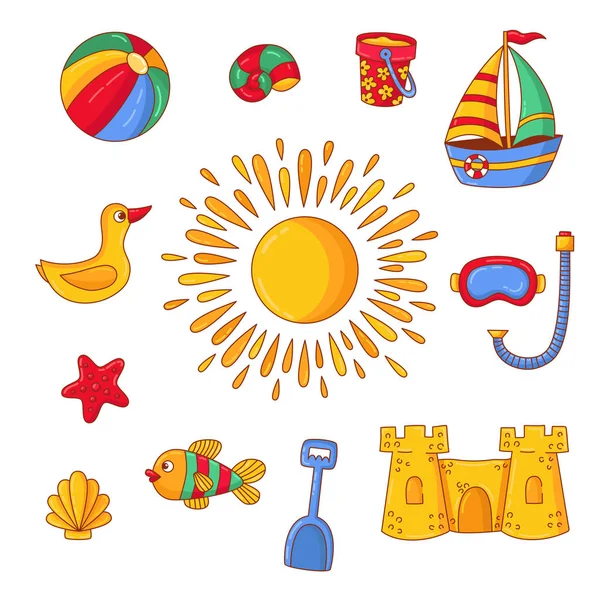 Beach summer childish symbols colorful vector set — Stock Vector