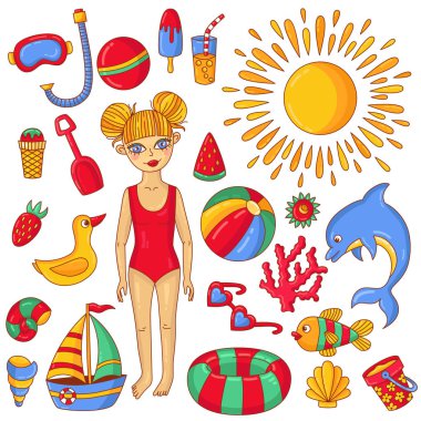 Yaz plaj doodle simgeler ve çocuk kız karakter vektör çizim