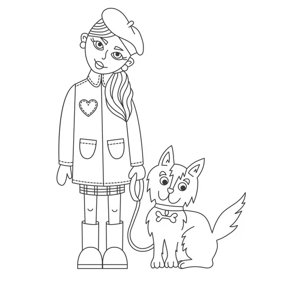 Doodle ligne fille avec vecteur chien — Image vectorielle