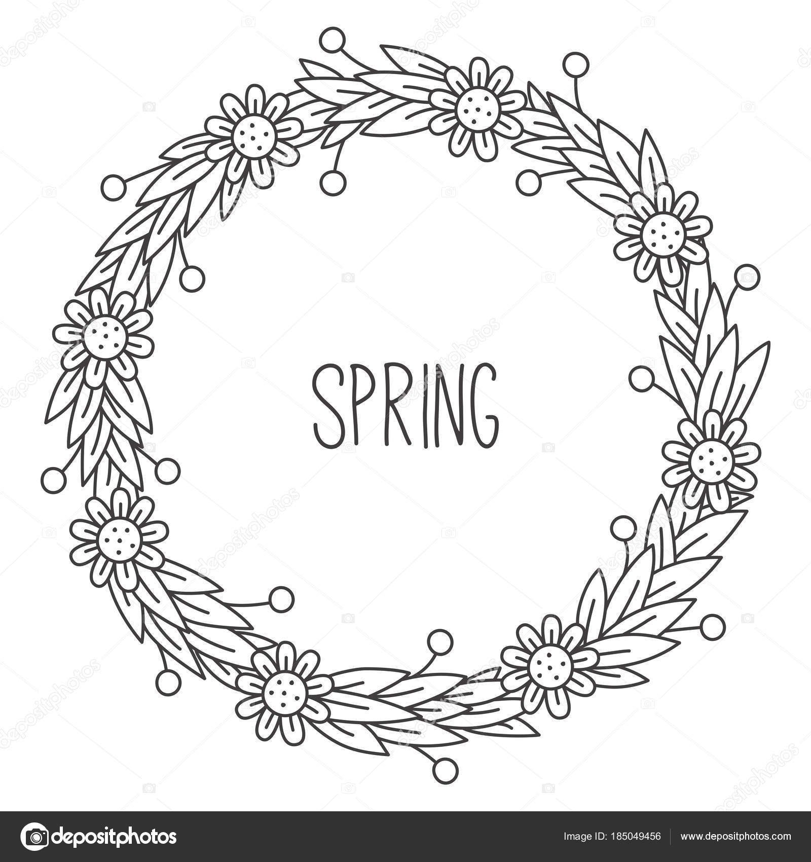 Flowers Floral Doodle Vector Round Frame Border Stock Vector