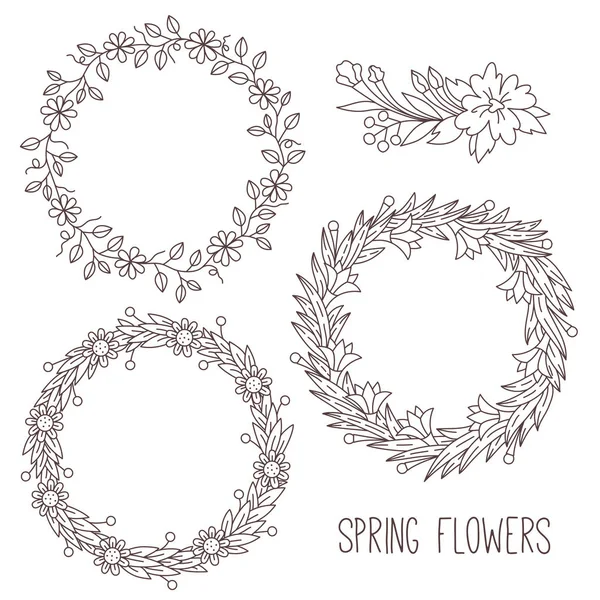 Doodle bordes redondos florales y conjunto de vectores de composición de flores — Archivo Imágenes Vectoriales