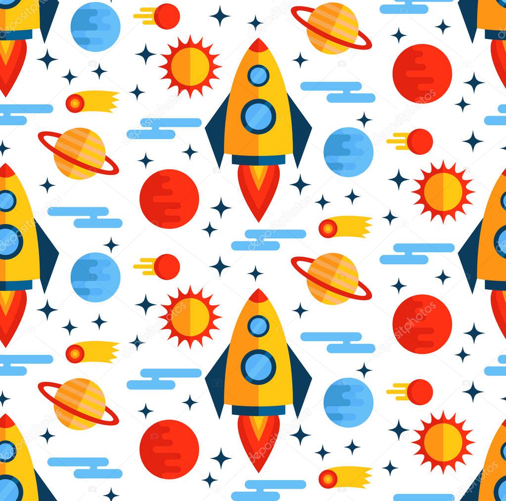 Flat outer space icons seamless vector pattern