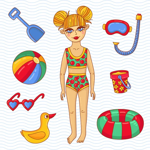 Fille enfant avec sweeming plage jouets vectoriel ensemble — Image vectorielle