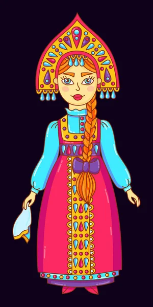 Mulher menina vestindo vestido tradicional russo doodle ilustração vetorial colorido — Vetor de Stock