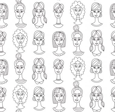 Doodle kadın Portreler sorunsuz vektör desen